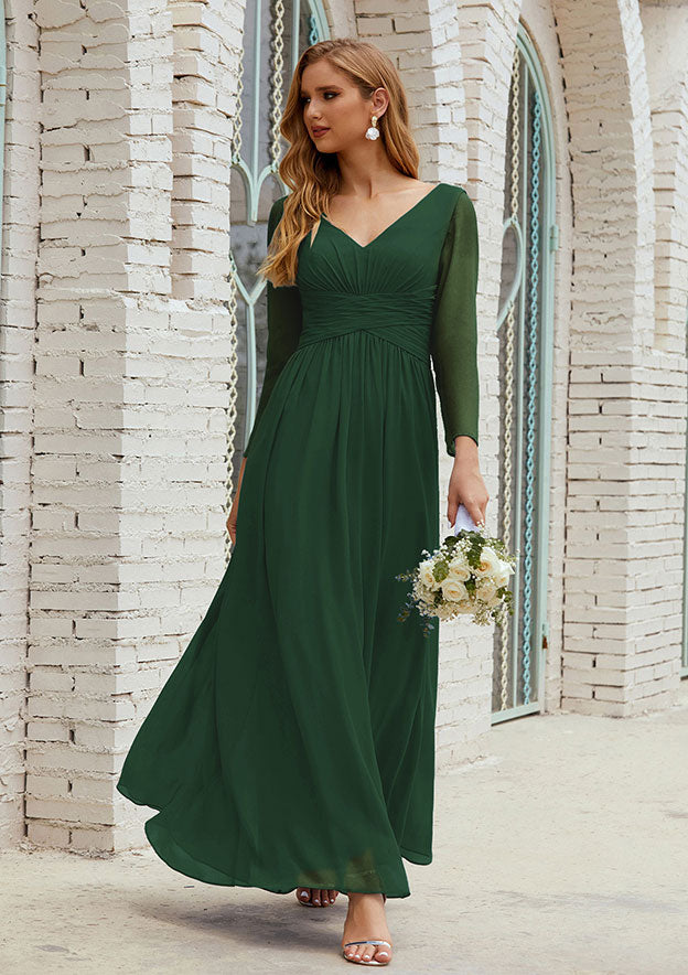 Elegant Wedding Guest Dresses Dark Green Chiffon Simple A-line V Neck Long Sleeve With Pleated Ankle-Length Hot Sale Mother of the Bride Dress