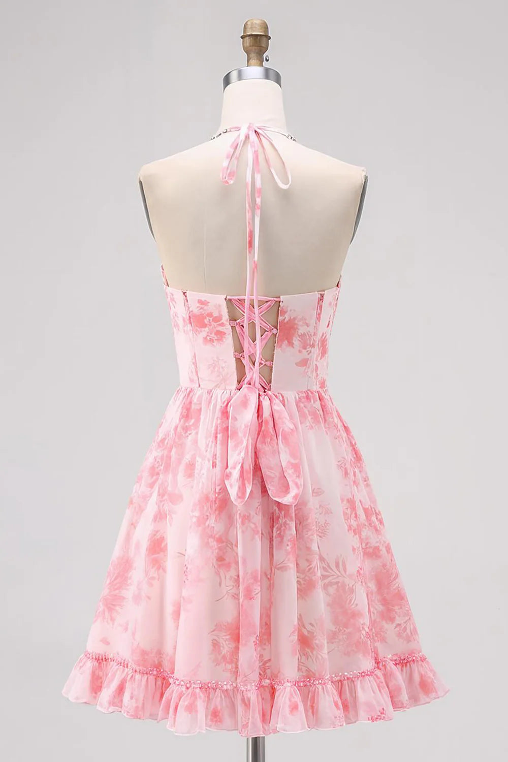 Cute Short Dress Sparkly Pink A Line Halter Sleeveless Printing Rhinestone Backless Bargain Homecoming Dress