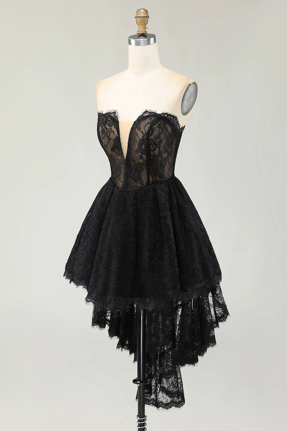 Charming Short Dress Black Lace A Line Strapless Sweetheart Sleeveless High-Low with Ruffles Backless Bargain Homecoming Dress