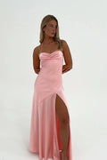 Fashion Simple Pink Sheath Spaghetti Straps Sweetheart Neckline Pleated Sleeveless Party Dress with Split Front Backless Cheap Long Prom Dress