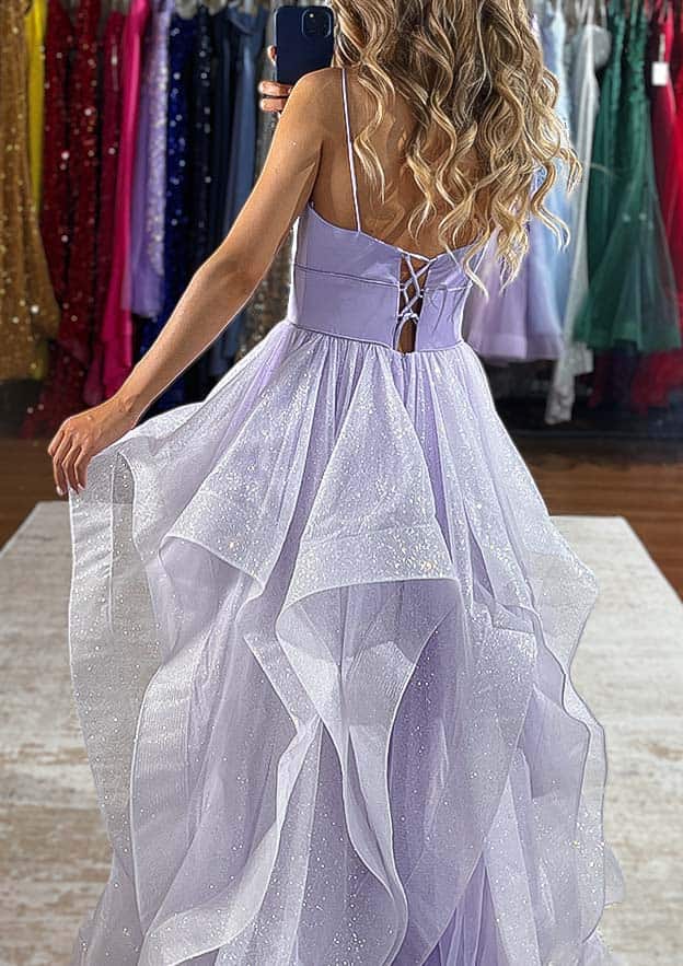 Light Purple Glitter Tulle A-line Spaghetti Strap V Neck Sleeveless Backless with Tiers Ruffles Hot Sale Long Prom Dress