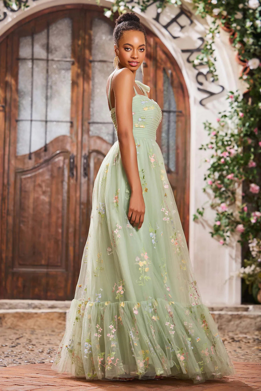 Exquisite Applique Dusty Sage A Line Spaghetti Strap Sweetheart Neckline Pleated Sleeveless Backless Tulle Cheap Long Prom Dress