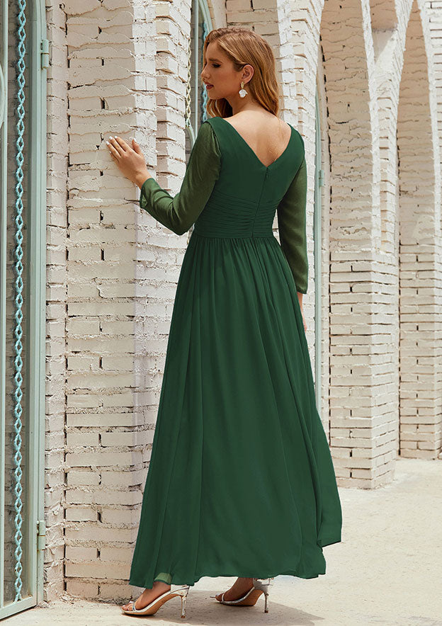 Elegant Wedding Guest Dresses Dark Green Chiffon Simple A-line V Neck Long Sleeve With Pleated Ankle-Length Hot Sale Mother of the Bride Dress