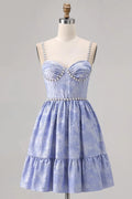 Exquisite Short Dress Sparkly Blue Jacquard A Line Sweetheart Neckline Spaghetti Strap with Pearls Sleeveless Backless Bargain Homecoming Dress