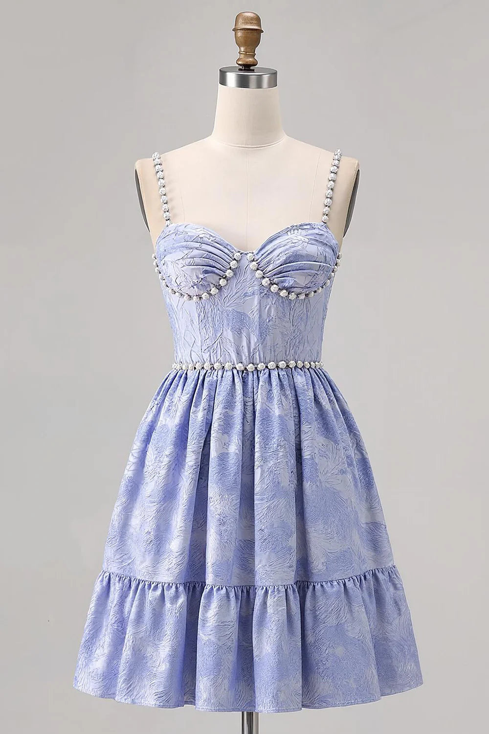 Exquisite Short Dress Sparkly Blue Jacquard A Line Sweetheart Neckline Spaghetti Strap with Pearls Sleeveless Backless Bargain Homecoming Dress