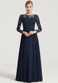 Vintage Elegant Wedding Guest Dresses Navy Blue Chiffon A-line Boat Neck 3/4 Long Sleeve With Beading Appliqued Ruched Floor-Length Hot Sale Mother of the Bride Dress
