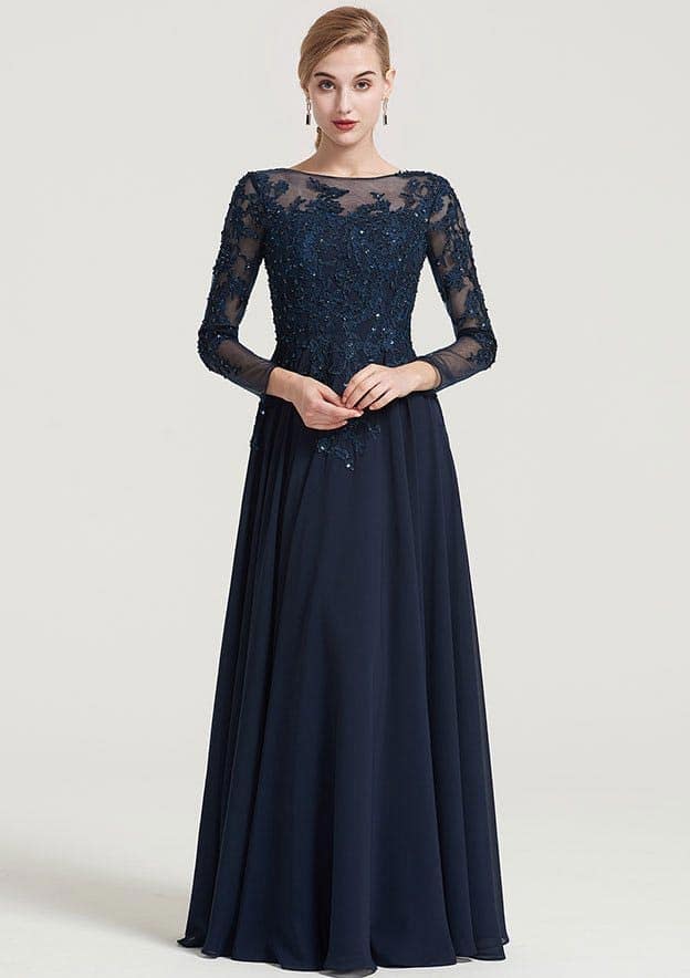 Vintage Elegant Wedding Guest Dresses Navy Blue Chiffon A-line Boat Neck 3/4 Long Sleeve With Beading Appliqued Ruched Floor-Length Hot Sale Mother of the Bride Dress