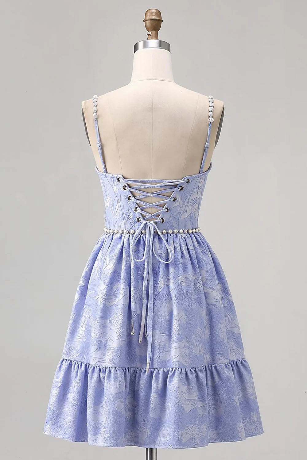 Exquisite Short Dress Sparkly Blue Jacquard A Line Sweetheart Neckline Spaghetti Strap with Pearls Sleeveless Backless Bargain Homecoming Dress
