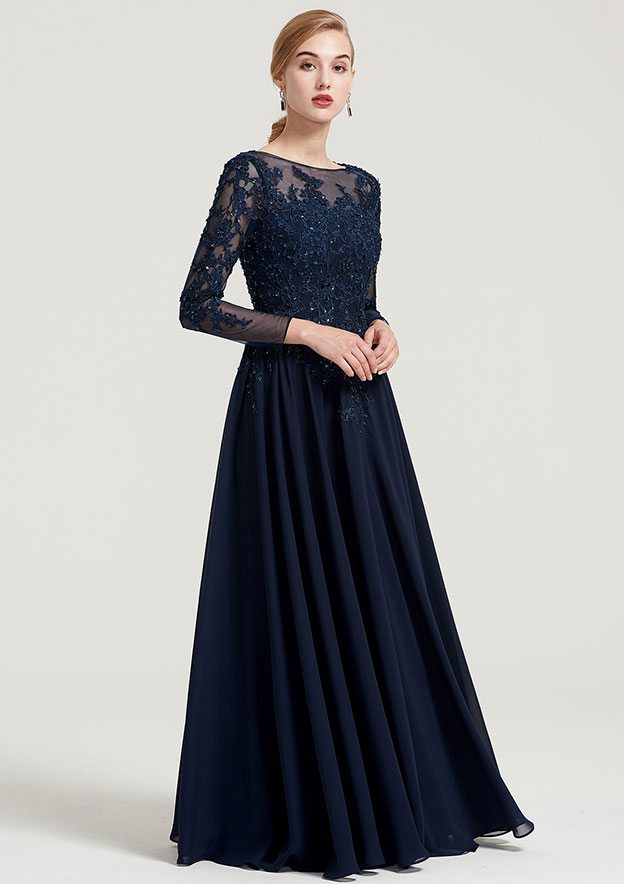 Vintage Elegant Wedding Guest Dresses Navy Blue Chiffon A-line Boat Neck 3/4 Long Sleeve With Beading Appliqued Ruched Floor-Length Hot Sale Mother of the Bride Dress