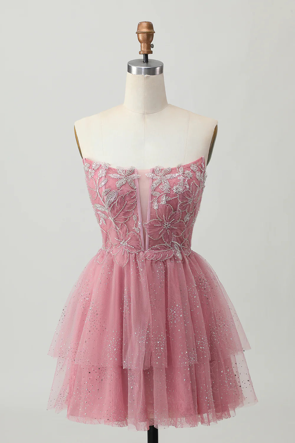 Gorgeous Short Dress Glitter Dusty Rose A Line Strapless Sleeveless Beading Flower Tulle Layered Ruffled Backless Bargain Homecoming Dress