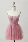Gorgeous Short Dress Glitter Dusty Rose A Line Strapless Sleeveless Beading Flower Tulle Layered Ruffled Backless Bargain Homecoming Dress