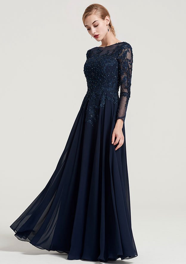 Vintage Elegant Wedding Guest Dresses Navy Blue Chiffon A-line Boat Neck 3/4 Long Sleeve With Beading Appliqued Ruched Floor-Length Hot Sale Mother of the Bride Dress