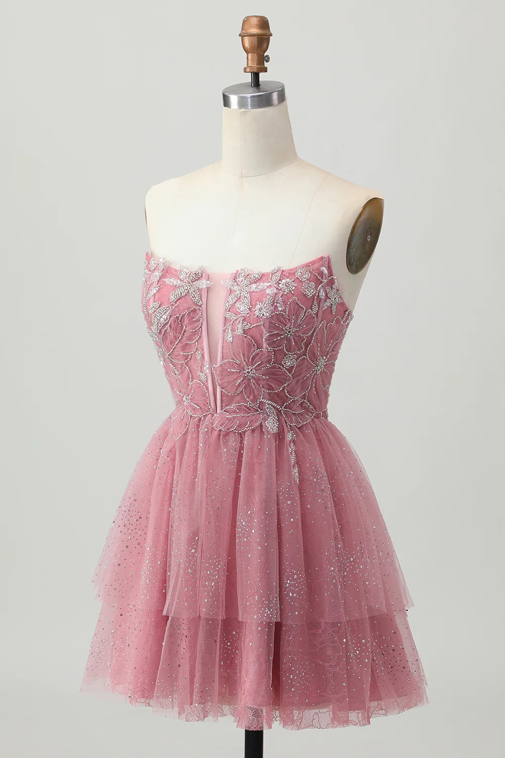 Gorgeous Short Dress Glitter Dusty Rose A Line Strapless Sleeveless Beading Flower Tulle Layered Ruffled Backless Bargain Homecoming Dress