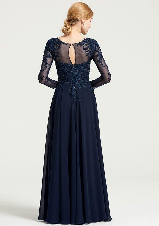 Vintage Elegant Wedding Guest Dresses Navy Blue Chiffon A-line Boat Neck 3/4 Long Sleeve With Beading Appliqued Ruched Floor-Length Hot Sale Mother of the Bride Dress