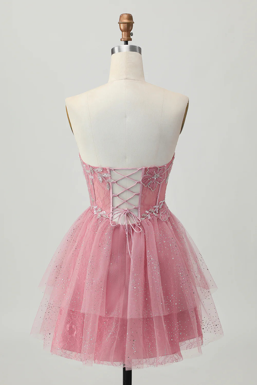 Gorgeous Short Dress Glitter Dusty Rose A Line Strapless Sleeveless Beading Flower Tulle Layered Ruffled Backless Bargain Homecoming Dress