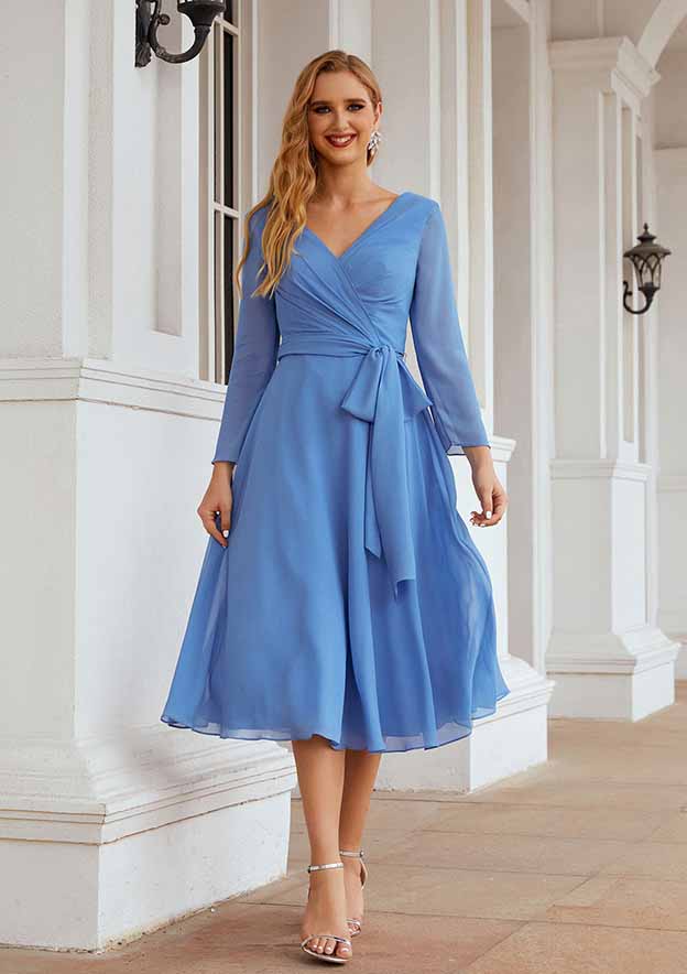 Elegant Simple Wedding Guest Dresses Blue Chiffon A-line V Neck Long Sleeve V Back With Pleated Waistband Tea-Length Hot Sale Mother of the Bride Dress