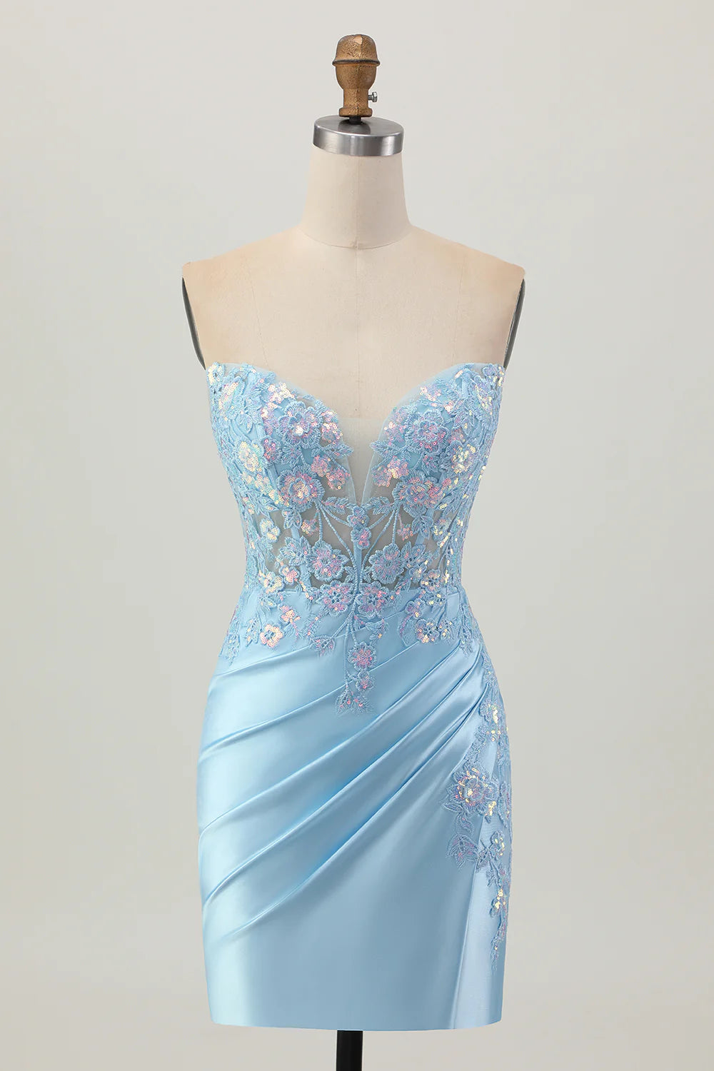 Exquisite Short Dress Light Blue Satin Sheath Strapless Sweetheart Neckline Sleeveless Pleated with Lace Appliques Backless Bargain Homecoming Dress