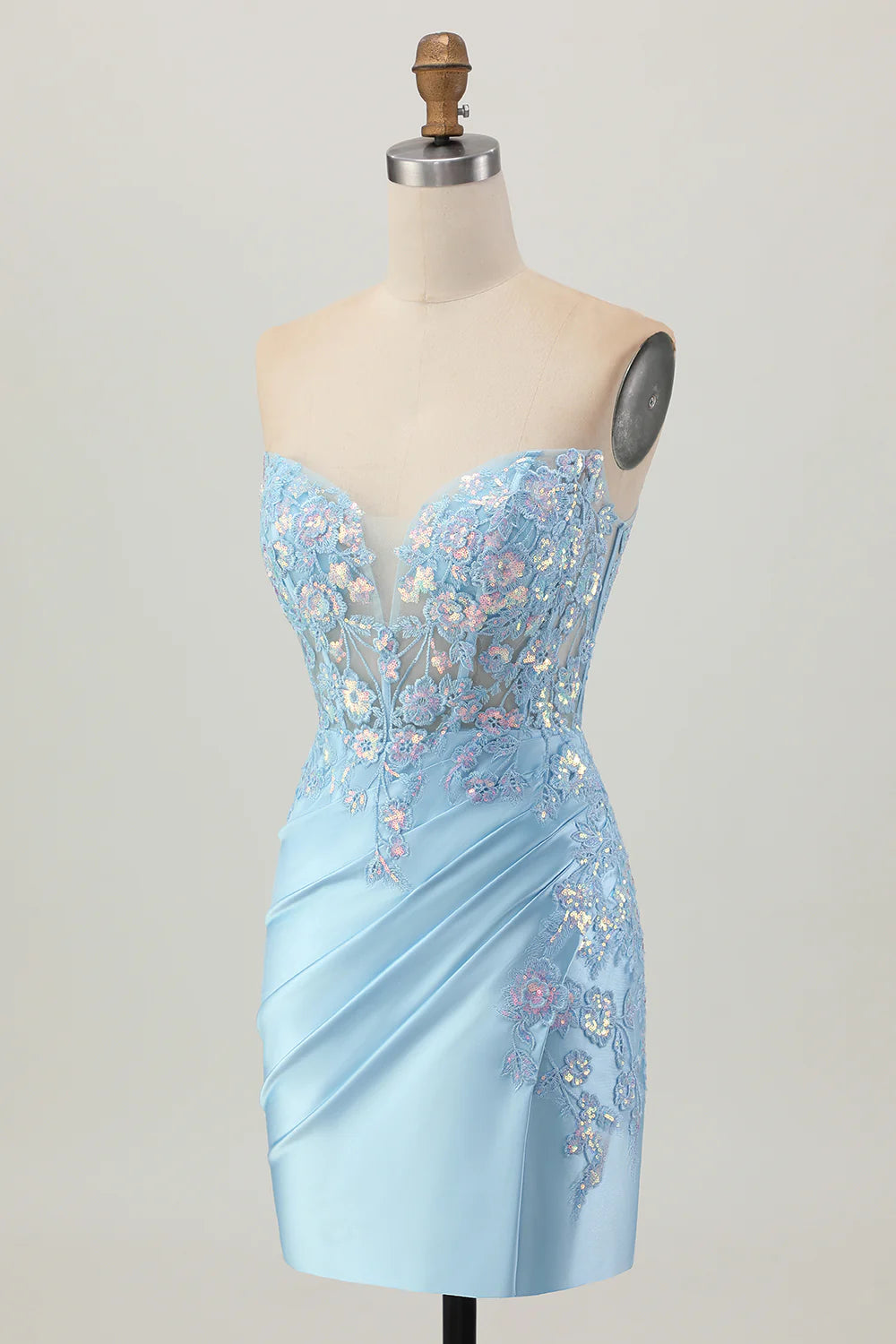 Exquisite Short Dress Light Blue Satin Sheath Strapless Sweetheart Neckline Sleeveless Pleated with Lace Appliques Backless Bargain Homecoming Dress