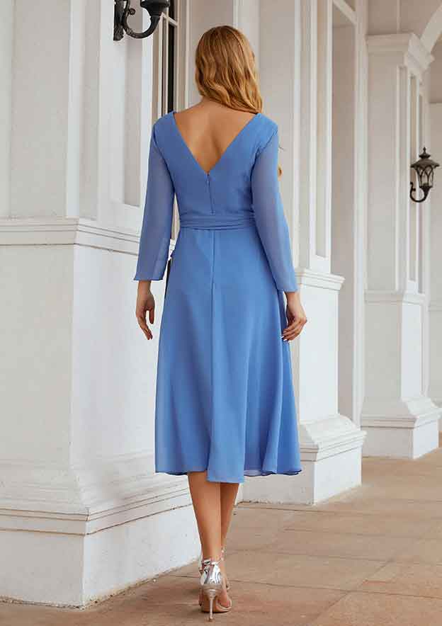 Elegant Simple Wedding Guest Dresses Blue Chiffon A-line V Neck Long Sleeve V Back With Pleated Waistband Tea-Length Hot Sale Mother of the Bride Dress