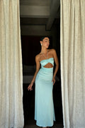 Fashion Teal Sheath Halter Neck Sleeveless Pleated Backless Party Dress with Keyhole Hot Sale Long Prom Dress