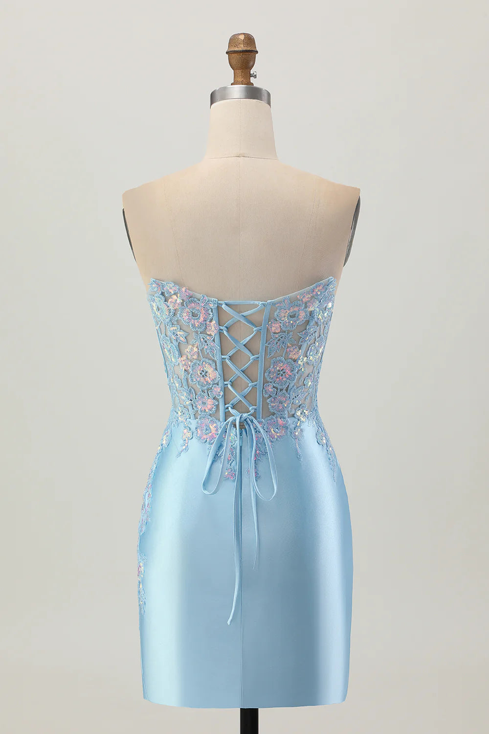 Exquisite Short Dress Light Blue Satin Sheath Strapless Sweetheart Neckline Sleeveless Pleated with Lace Appliques Backless Bargain Homecoming Dress