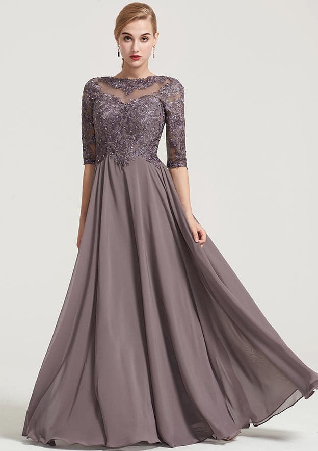 Vintage Elegant Wedding Guest Dresses Chiffon A-line Boat Neck Half Sleeve Lace Appliqued With Beading Ruched Floor-Length Hot Sale Mother of the Bride Dress