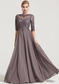 Vintage Elegant Wedding Guest Dresses Chiffon A-line Boat Neck Half Sleeve Lace Appliqued With Beading Ruched Floor-Length Hot Sale Mother of the Bride Dress