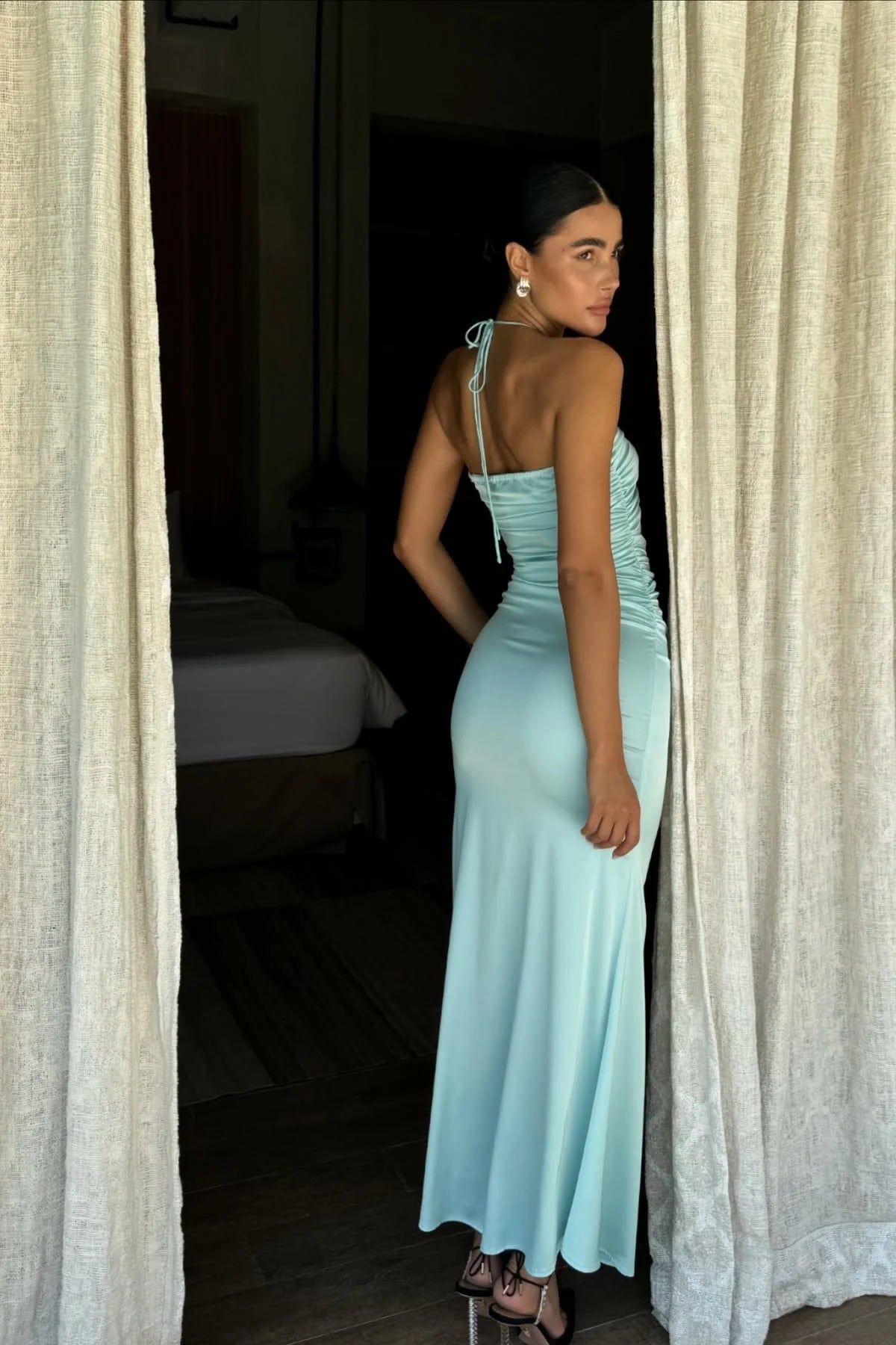 Fashion Teal Sheath Halter Neck Sleeveless Pleated Backless Party Dress with Keyhole Hot Sale Long Prom Dress