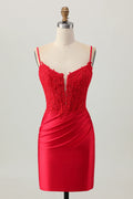 Elegant Short Dress Red Satin Sheath Spaghetti Strap V Neck Sleeveless Pleated with Lace Applique Backless Hot Sale Homecoming Dress