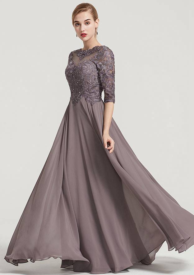Vintage Elegant Wedding Guest Dresses Chiffon A-line Boat Neck Half Sleeve Lace Appliqued With Beading Ruched Floor-Length Hot Sale Mother of the Bride Dress