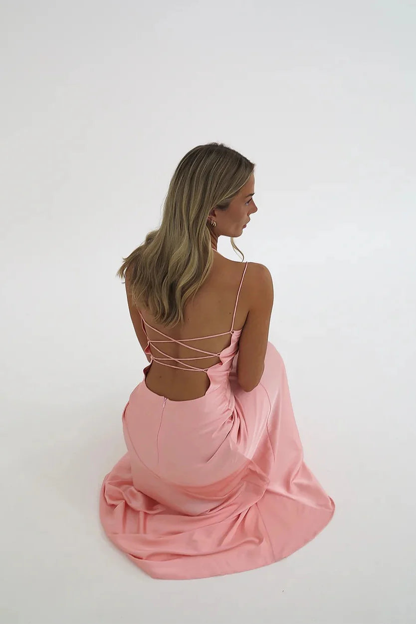 Fashion Simple Pink Sheath Spaghetti Straps Sweetheart Neckline Pleated Sleeveless Party Dress with Split Front Backless Cheap Long Prom Dress
