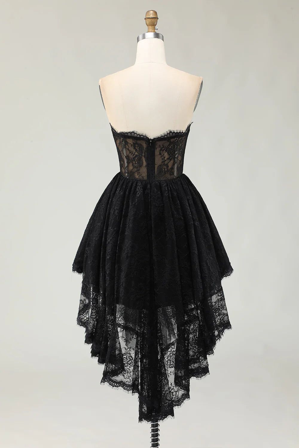 Charming Short Dress Black Lace A Line Strapless Sweetheart Sleeveless High-Low with Ruffles Backless Bargain Homecoming Dress