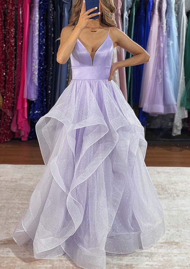 Light Purple Glitter Tulle A-line Spaghetti Strap V Neck Sleeveless Backless with Tiers Ruffles Hot Sale Long Prom Dress