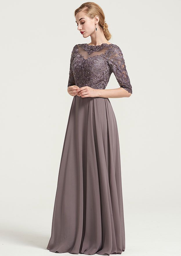 Vintage Elegant Wedding Guest Dresses Chiffon A-line Boat Neck Half Sleeve Lace Appliqued With Beading Ruched Floor-Length Hot Sale Mother of the Bride Dress