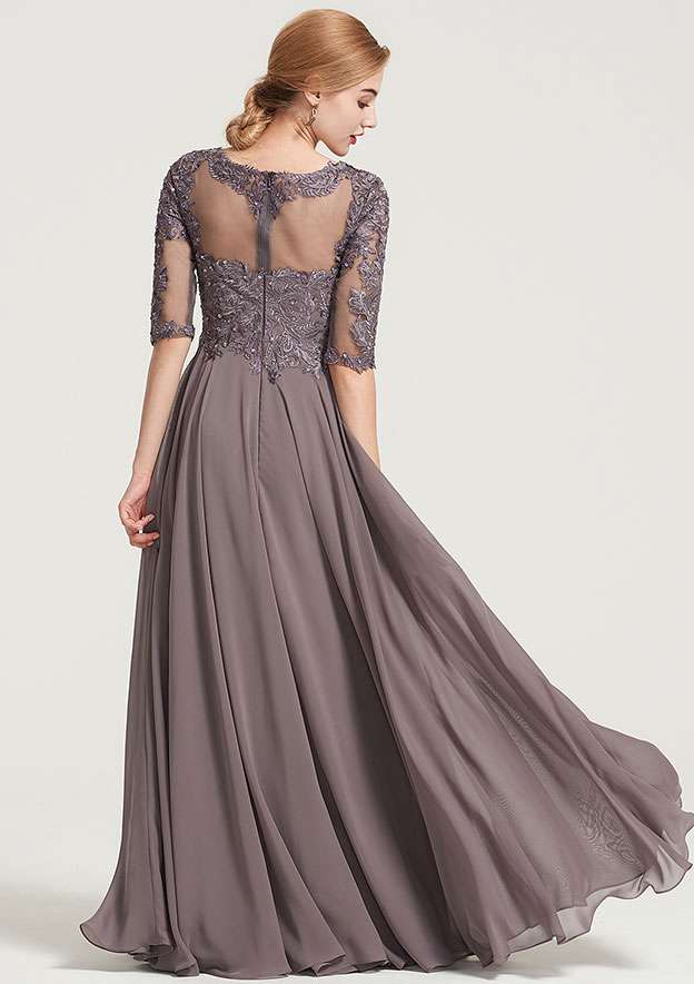 Vintage Elegant Wedding Guest Dresses Chiffon A-line Boat Neck Half Sleeve Lace Appliqued With Beading Ruched Floor-Length Hot Sale Mother of the Bride Dress