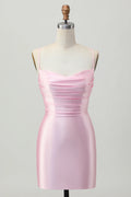 Simple Cute Short Dress Pink Satin Sheath Spaghetti Straps Sleeveless Pleated Backless Hot Sale Homecoming Dress