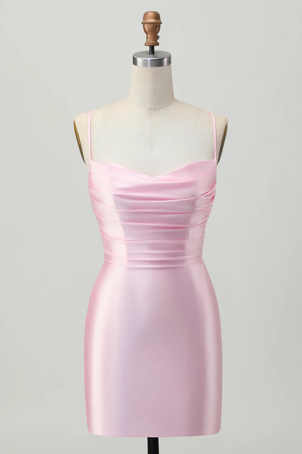 Simple Cute Short Dress Pink Satin Sheath Spaghetti Straps Sleeveless Pleated Backless Hot Sale Homecoming Dress