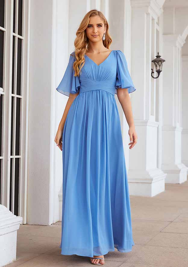 Elegant Simple Wedding Guest Dresses Nice Blue Chiffon A-line V Neck Flutter Short Sleeve Pleated Floor Length Hot Sale Mother of the Bride Dress