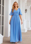 Elegant Simple Wedding Guest Dresses Nice Blue Chiffon A-line V Neck Flutter Short Sleeve Pleated Floor Length Hot Sale Mother of the Bride Dress