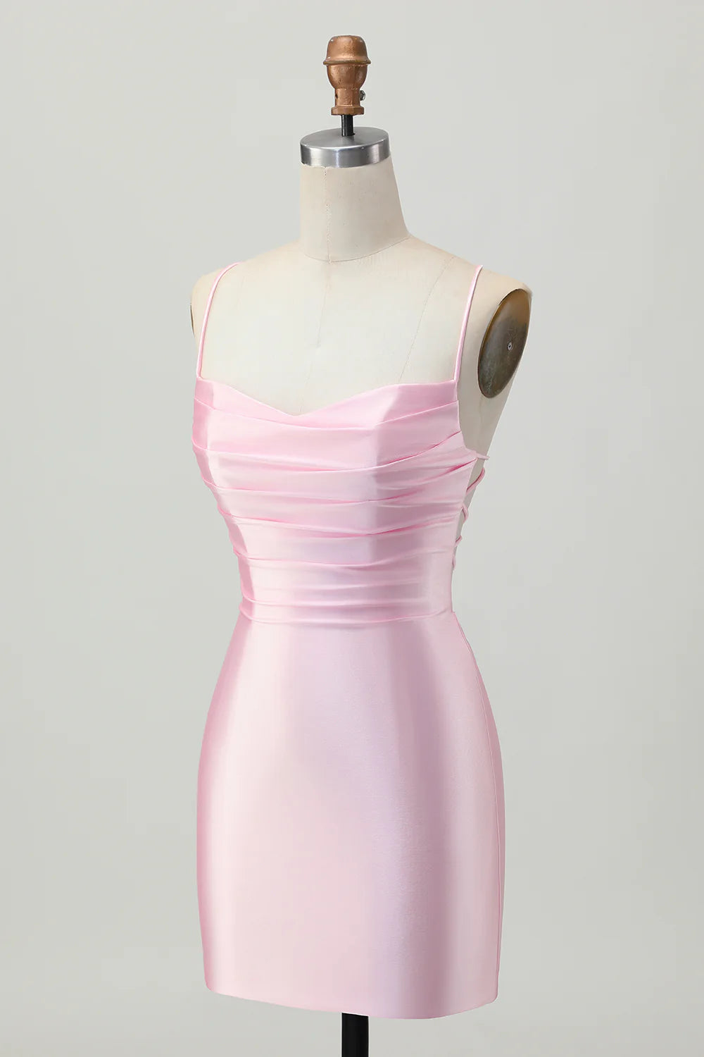 Simple Cute Short Dress Pink Satin Sheath Spaghetti Straps Sleeveless Pleated Backless Hot Sale Homecoming Dress