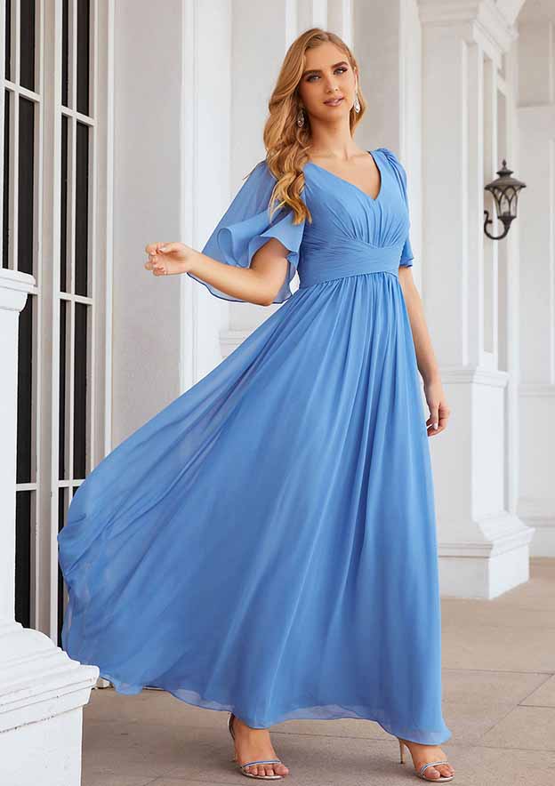 Elegant Simple Wedding Guest Dresses Nice Blue Chiffon A-line V Neck Flutter Short Sleeve Pleated Floor Length Hot Sale Mother of the Bride Dress