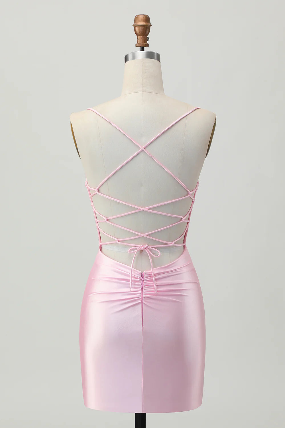 Simple Cute Short Dress Pink Satin Sheath Spaghetti Straps Sleeveless Pleated Backless Hot Sale Homecoming Dress
