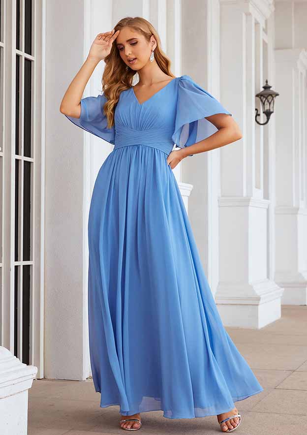 Elegant Simple Wedding Guest Dresses Nice Blue Chiffon A-line V Neck Flutter Short Sleeve Pleated Floor Length Hot Sale Mother of the Bride Dress