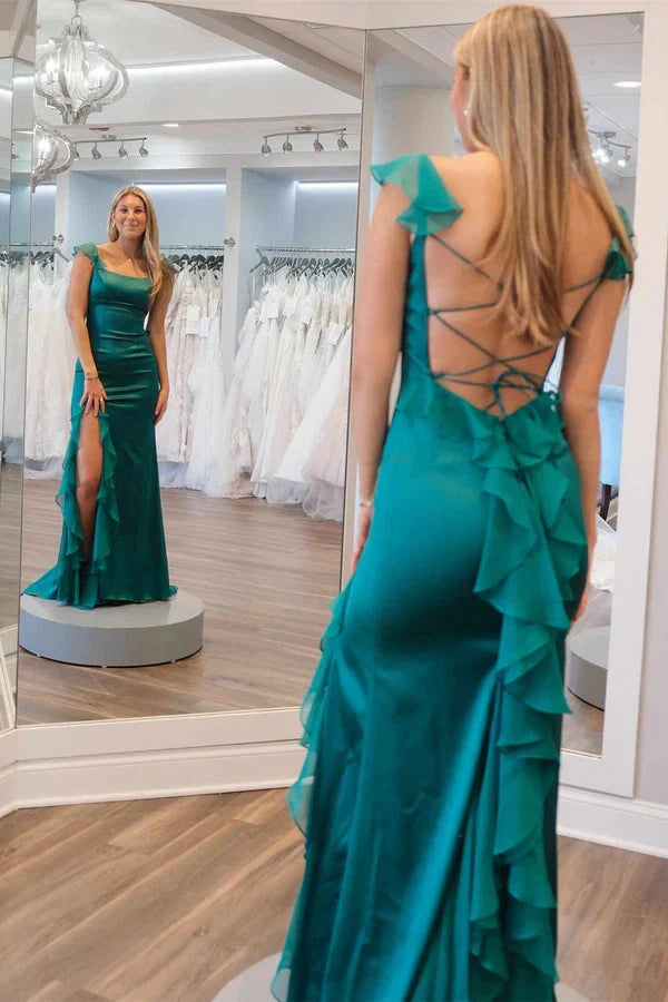 Elegant Green Mermaid Square Neck Sleeveless with Tiers Ruffles Backless Hot Sale Long Prom Dress