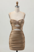 Fashion Short Dress Sparkly Dark Khaki Tight Spaghetti Strap Sweetheart Neckline Pleated Cut Out with Rhinestone Sleeveless Backless Hot Sale Homecoming Dress