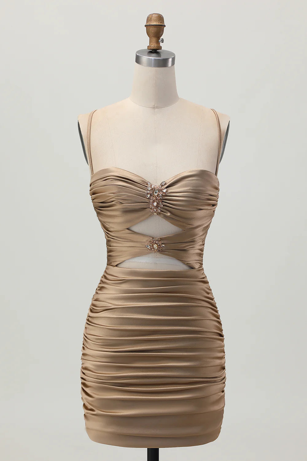 Fashion Short Dress Sparkly Dark Khaki Tight Spaghetti Strap Sweetheart Neckline Pleated Cut Out with Rhinestone Sleeveless Backless Hot Sale Homecoming Dress