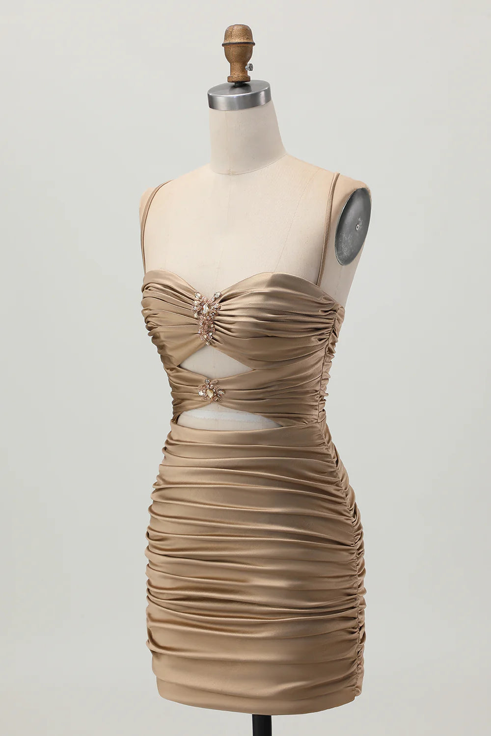 Fashion Short Dress Sparkly Dark Khaki Tight Spaghetti Strap Sweetheart Neckline Pleated Cut Out with Rhinestone Sleeveless Backless Hot Sale Homecoming Dress