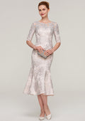 Charming Vintage Wedding Guest Dresses Mermaid Bateau Half Sleeve Lace With Appliqued Tea-Length Hot Sale Mother of the Bride Dress