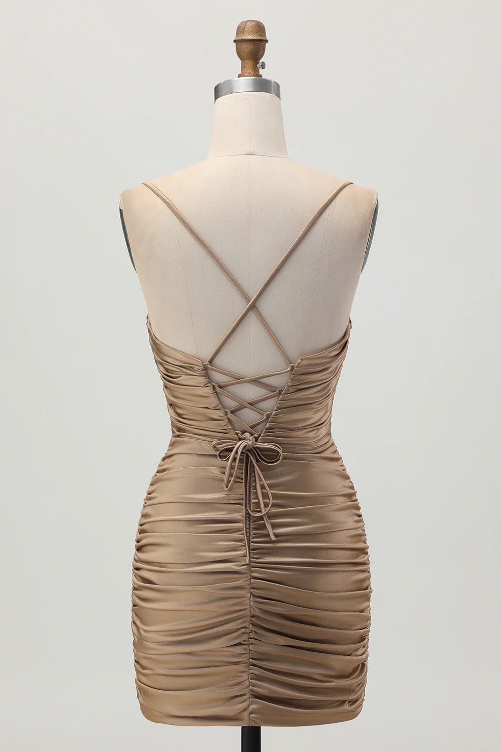 Fashion Short Dress Sparkly Dark Khaki Tight Spaghetti Strap Sweetheart Neckline Pleated Cut Out with Rhinestone Sleeveless Backless Hot Sale Homecoming Dress