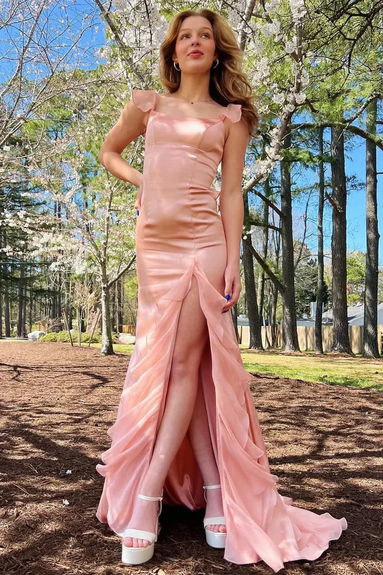 Elegant Green Mermaid Square Neck Sleeveless with Tiers Ruffles Backless Hot Sale Long Prom Dress